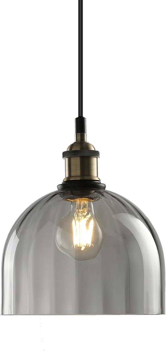 Modern Pendant Lights for Kitchen Island, Industrial Rustic Hanging Ceiling Lighting Fixtures, Glass Dome Lampshade Chandelier, 7.86" Handmade Bell Shaped Lamp Shade, Smoke Grey
