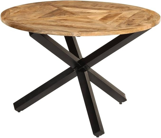 Round Dining Table Solid Mango Wood Rustic Finish Metal Legs Small Kitchen Table for 4 Indoor Use Brown