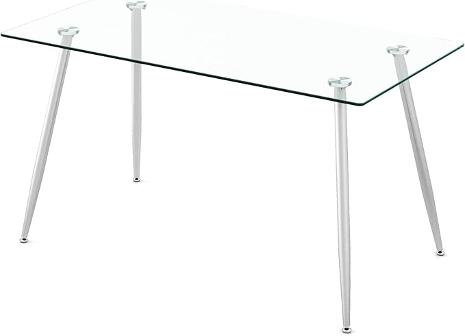 Moccha 51” Glass Dining Table, Modern Rectangular Table with Spacious Tempered Glass Tabletop & Sliver Metal Legs, Adjustable Foot Pads, Transparent Kitchen Table for Home Office