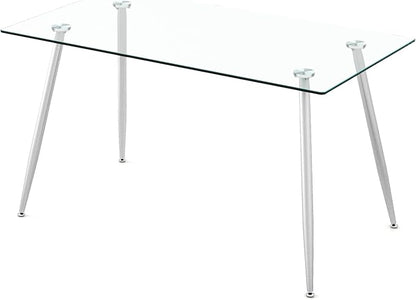 Moccha 51” Glass Dining Table, Modern Rectangular Table with Spacious Tempered Glass Tabletop & Sliver Metal Legs, Adjustable Foot Pads, Transparent Kitchen Table for Home Office
