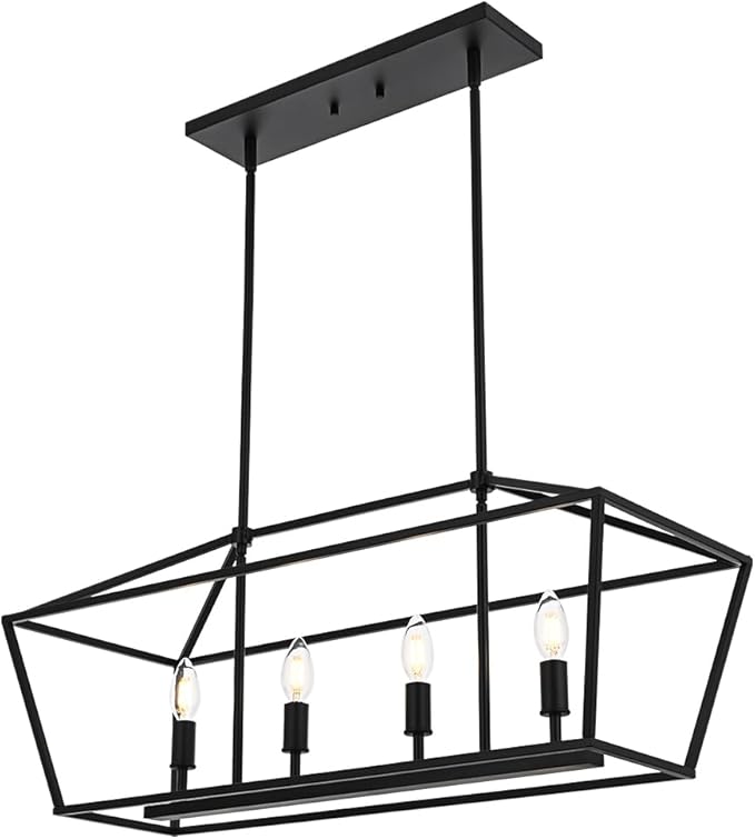 BONLICHT 4 Light Kitchen Island Linear Pendant Lighting Industrial Large Black Farmhouse Chandelier Modern Rectangle Dining Room Light Fixtures Hanging Ceiling Over Table,E12 Base