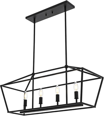 BONLICHT 4 Light Kitchen Island Linear Pendant Lighting Industrial Large Black Farmhouse Chandelier Modern Rectangle Dining Room Light Fixtures Hanging Ceiling Over Table,E12 Base
