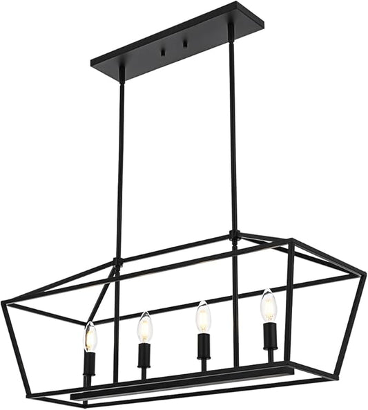 BONLICHT 4 Light Kitchen Island Linear Pendant Lighting Industrial Large Black Farmhouse Chandelier Modern Rectangle Dining Room Light Fixtures Hanging Ceiling Over Table,E12 Base