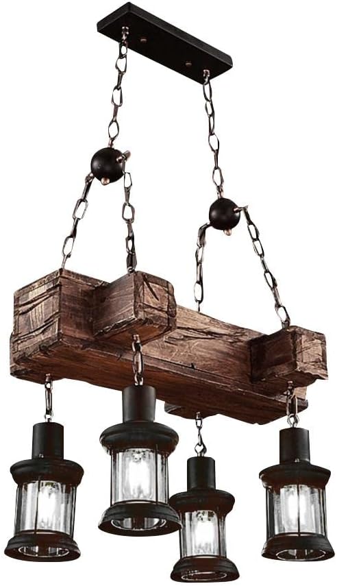 A Million Rustic Industrial Retro Chandelier with 4 E26 Light and Adjustable Hanging Chain, Vintage Wood Grain Pendant Light for Farmhouse Lighting Fixture 21.6 x 15 Inch