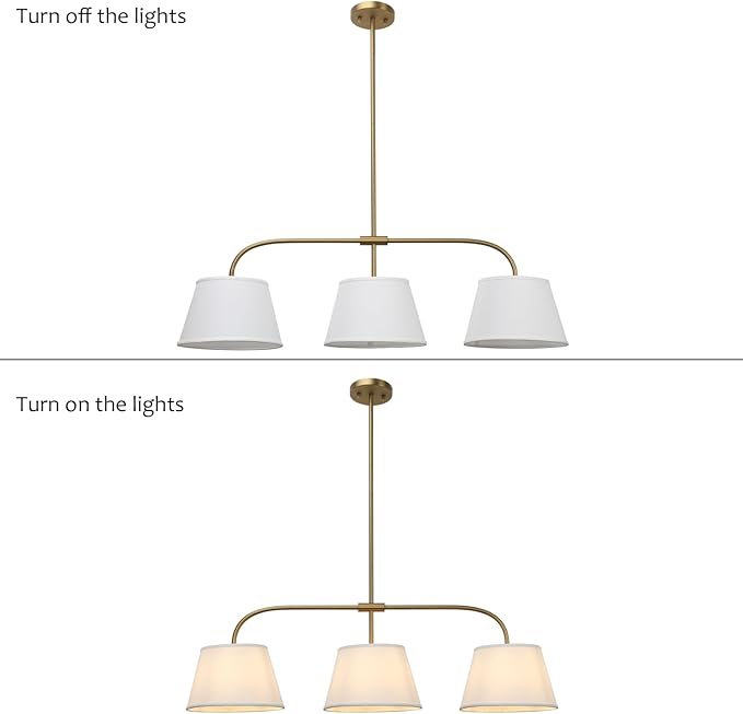 Pathson 3 Lights Brass Pendant Light with Fabric Lampshades, Rustic Cloth Pendant Lighting Lamp E26 Bulb Base, Flush Mounted Ceiling Chandeliers for Dining Room Kitchen Island Living Room