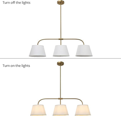 Pathson 3 Lights Brass Pendant Light with Fabric Lampshades, Rustic Cloth Pendant Lighting Lamp E26 Bulb Base, Flush Mounted Ceiling Chandeliers for Dining Room Kitchen Island Living Room