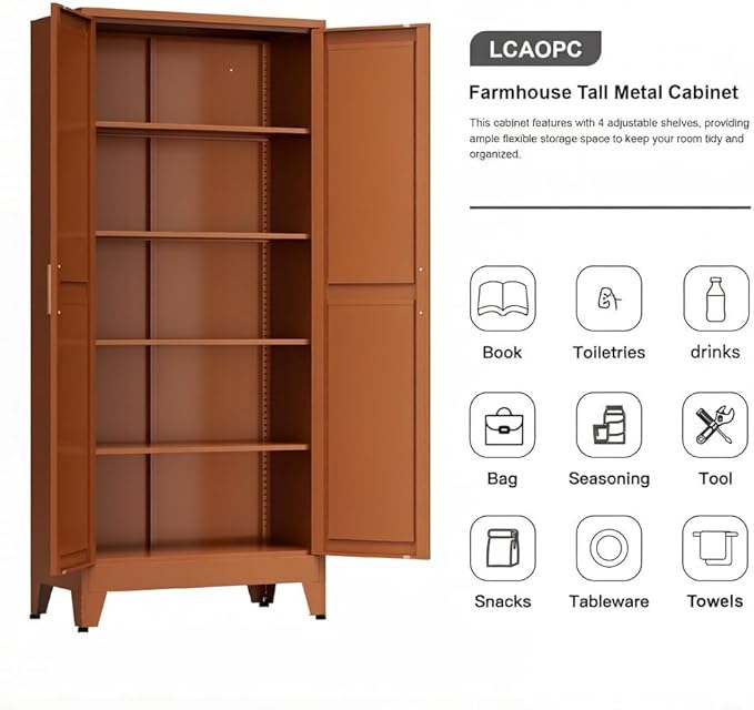 LCAOPC 71" Tall Metal Storage Cabinet with 2 Doors and 4 Adjustable Shelves, 5-Tier Kitchen Pantry Storage Cabinet for Kitchen, Living Room, Dining Room and Office, Brown