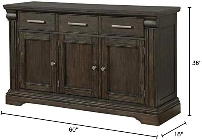 BOWERY HILL Transitional Solid Wood Buffet Server, Espresso Finish, 60" W x 18" D x 36" H, 3-Drawer Storage with Shelves and Cabinet, Fluted Column Accents, Metallic Hardware, Dining Room Sideboard