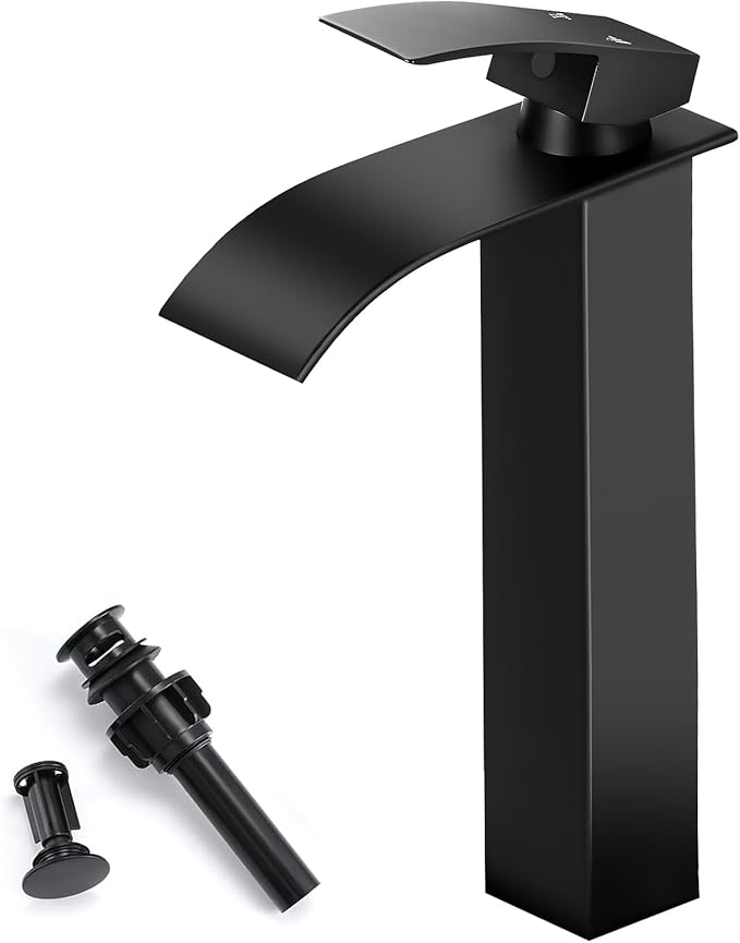 Black Bathroom Faucets, Tall Waterfall Bathroom Sink Faucet Modern Single Handle Bathroom Faucte 1 Hole, Tall Spout Vessel Faucet Mixer Tap Washbasin Faucet with Pop-up Drain, Supply Hoses