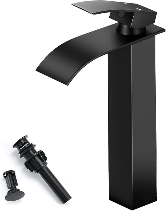 Black Bathroom Faucets, Tall Waterfall Bathroom Sink Faucet Modern Single Handle Bathroom Faucte 1 Hole, Tall Spout Vessel Faucet Mixer Tap Washbasin Faucet with Pop-up Drain, Supply Hoses