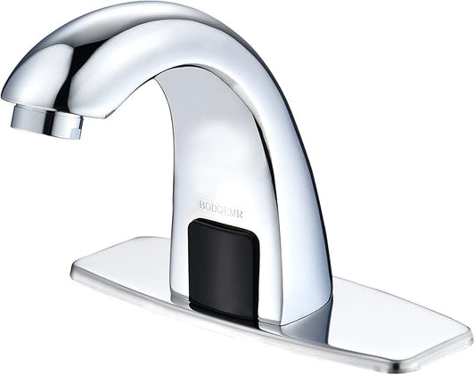 Automatic Sensor Touchless Bathroom Sink Faucet, Chrome Vanity Faucets,Hands Free Battery Powered Modern Vanity Tap with Deck Plate, Control Box and Temperature Mixer