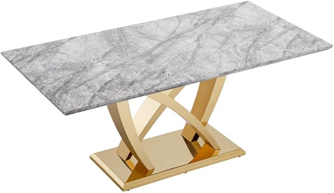 Modern Luxurious Rectangular Dining Table for 6-8, MDF Kitchen Table with Heavy-Duty Irregular Base, Faux Marble Heat-Resistant Furniture for Dining Room & Family Gatherings (Gold)