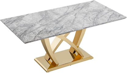 Modern Luxurious Rectangular Dining Table for 6-8, MDF Kitchen Table with Heavy-Duty Irregular Base, Faux Marble Heat-Resistant Furniture for Dining Room & Family Gatherings (Gold)
