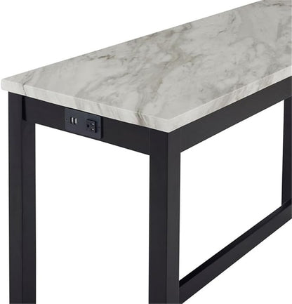 New Classic Furniture Celeste Faux Marble Theater Bar Table with 3 Bar Stool Set, Blue Velvet with Black Base