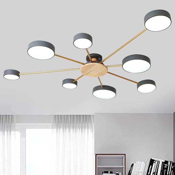 8-Lights LED Ceiling Light Fixture,48 Inch Modern Ceiling Lights Flush Mount Wooden 64W Dimmable Chandelier for Living Room Bedroom Kitchen,3000K/4000K/6000K Grey
