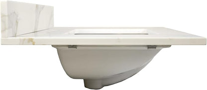 Design House Calesco Calacatta Quartz Bathroom Vanity Top, White with Taupe and Grey Veining, Pre-Mounted White Bowl, 31 in L x 22 in W x 12.5 in H, with Backsplash, 4 in Center Set, 227900-CC-CC