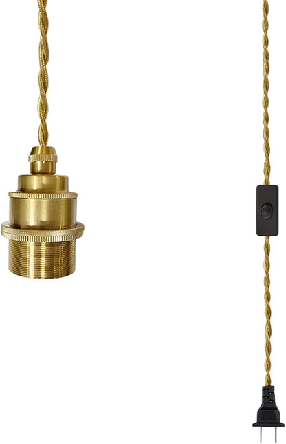 Gold Plug in Pendant Light Kit, Hanging Plug in Lights Fixture with Metal Ceramic E26 Socket, 11.5FT Hanging Lights Cord with On/Off Switch, Vintage DIY Pendant Lighting for Bedroom Kitchen