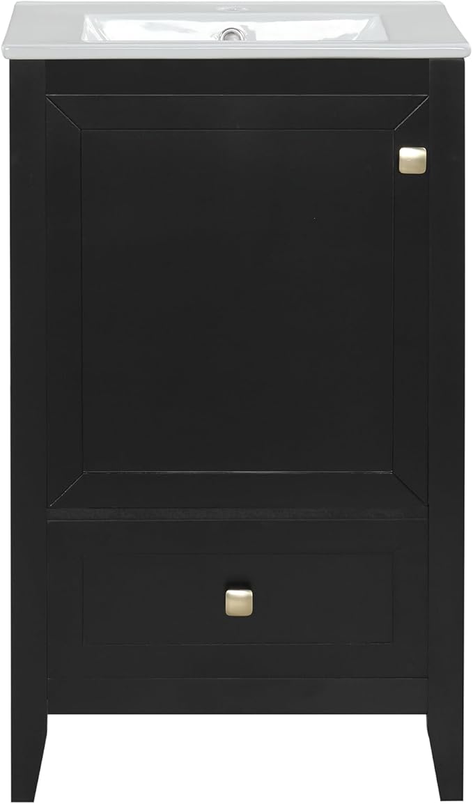 20" Bathroom Vanity with Ceramic Sink Top Set, Multi-Functional Storage Cabinet with Rack Organizer and Drawer, Soft-Closing Door, Solid Wood Frame, Black