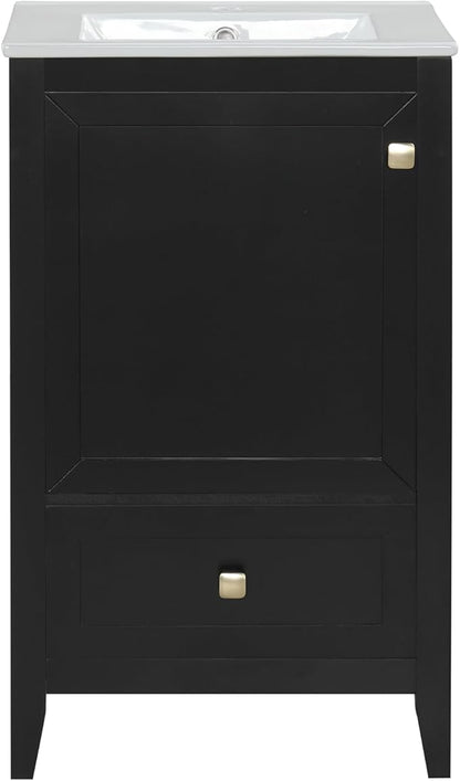 20" Bathroom Vanity with Ceramic Sink Top Set, Multi-Functional Storage Cabinet with Rack Organizer and Drawer, Soft-Closing Door, Solid Wood Frame, Black