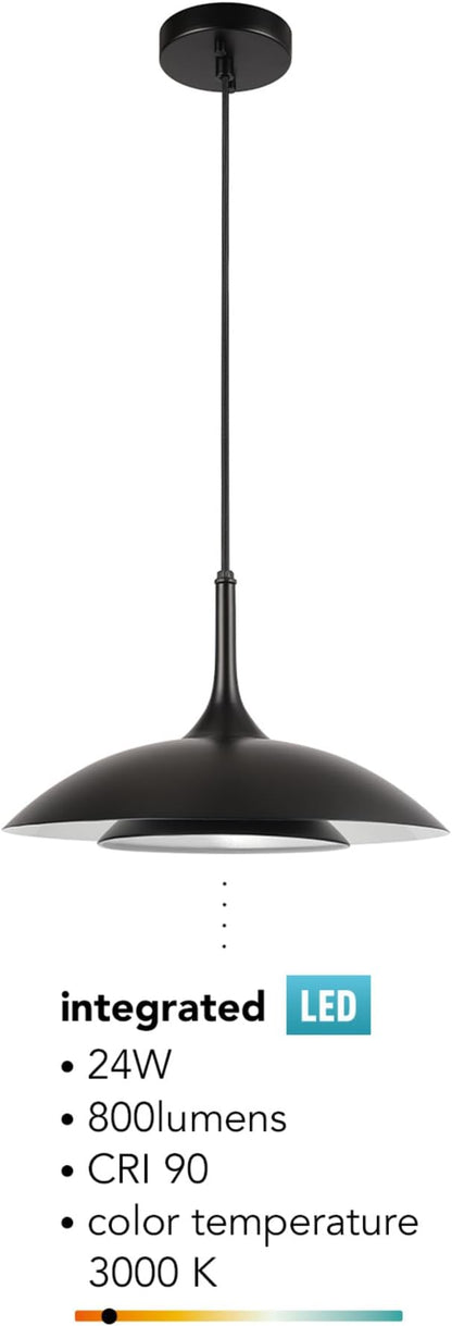 GLOBE Electric x Novogratz 67000104 14W LED Integrated Pendant Light Fixture, Glossy Black, Fabric Cord, Matte White Interior Shade, Dimmable, 800 Lumens, 3000K, 90 CRI, Living Room Pendant Light