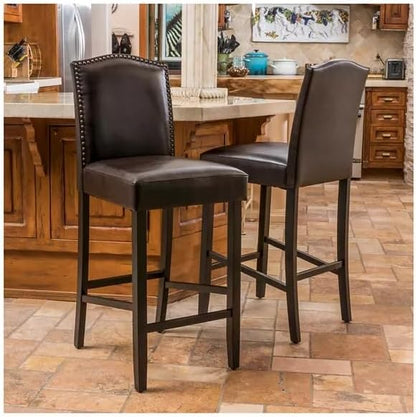 GOWE Barstools Set of 2, Upholstered Bar Stools for Kitchen Island, Dark Brown Rubberwood Legs PU Faux Leather Seating 300LBS Weight Capacity