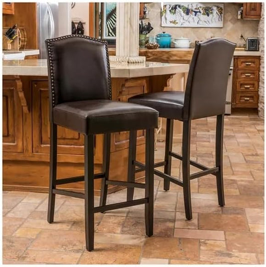 GOWE Barstools Set of 2, Upholstered Bar Stools for Kitchen Island, Dark Brown Rubberwood Legs PU Faux Leather Seating 300LBS Weight Capacity