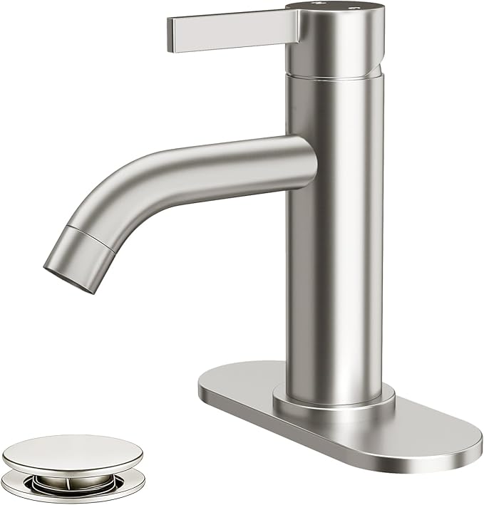 Fransiton Brushed Nickel Bathroom Faucet Single Hole with Pop-Up Bathroom Drain and Flexible Hoses Single Handle Bathroom Sink Faucet w/Deck Plate(1 or 3 Hole) for Vanity Sinks, RV, Farmhouse