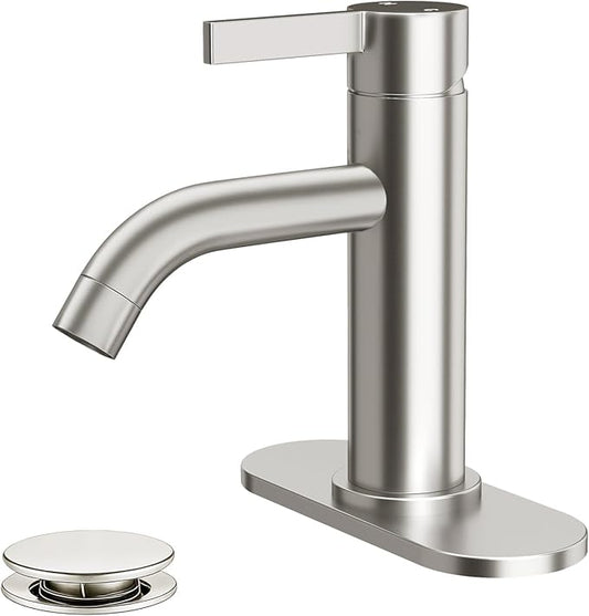 Fransiton Brushed Nickel Bathroom Faucet Single Hole with Pop-Up Bathroom Drain and Flexible Hoses Single Handle Bathroom Sink Faucet w/Deck Plate(1 or 3 Hole) for Vanity Sinks, RV, Farmhouse