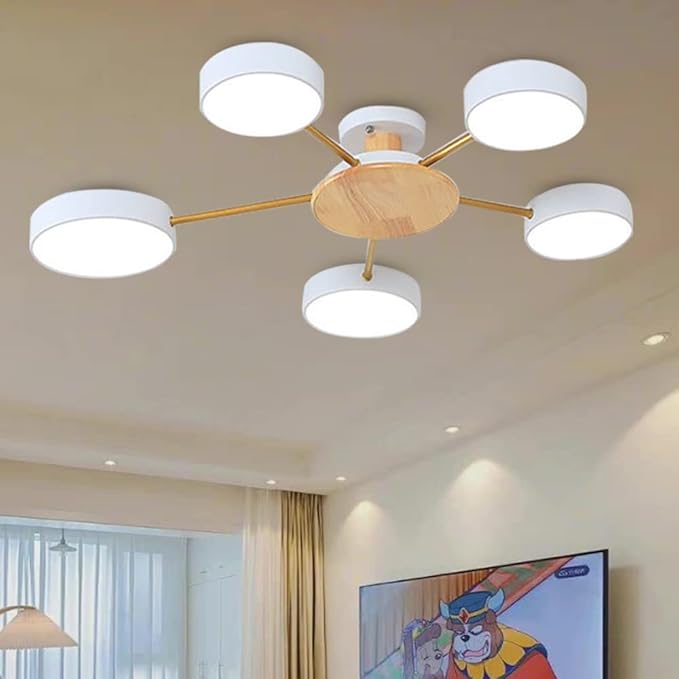5-Lights LED Ceiling Light Fixture,32 Inch Modern Ceiling Lights Flush Mount Wooden 40W Dimmable Chandelier for Living Room Bedroom Kitchen,3000K/4000K/6000K Temperatures Selectable White