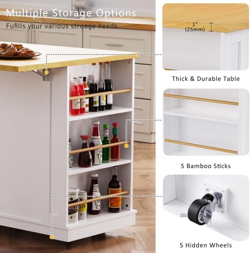 53" Mobile Kitchen Island with Drop Leaf, Rolling Kitchen Cart with Power Outlet and Door Internal Storage Rack, Island Table with 5 Open Side Racks for Dining Room (White)