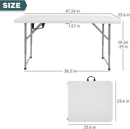 FDW 4 Foot Outdoor Dining Table, Foldable Portable Rectangular Plastic Folding Table with Built in Carrying Handle and Height Adjustable for Party and Wedding Use, White