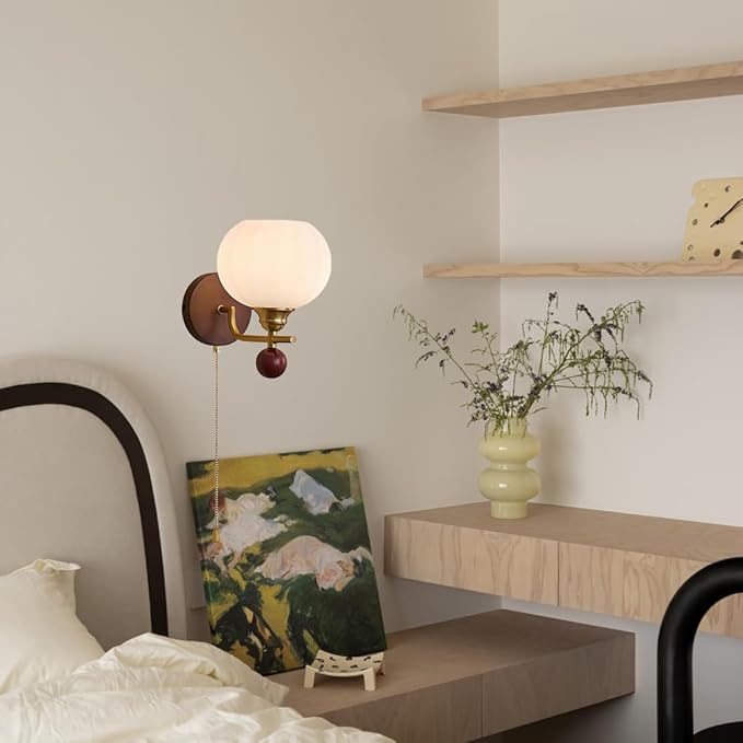 Solid Wood Wall Light Retro Wall Sconce with Pull Chain Switch, Bathroom Vanity Light Fixture, Glass Shade Wall Lamps for Living Roon Halklway Bedroom, E27 Haedwired