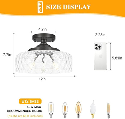 Daunton Black Semi Flush Mount Ceiling Light, 3-Light Ceiling Light with Hammered Glass, Vintage Hallway Lights, Closet Light Fixture, Kitchen Flush Ceiling Mount for Entryway Bedroom Bathroom,E12