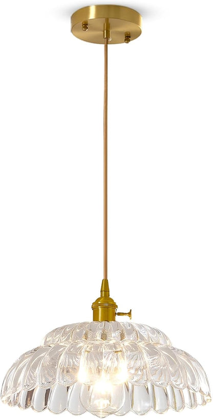 Clear Glass Pendant Light with Striped Shade, Adjustable Brass Vintage Hanging Light Fixture for Kitchen Island Sink Dining Room Ceiling Hallway Lighting