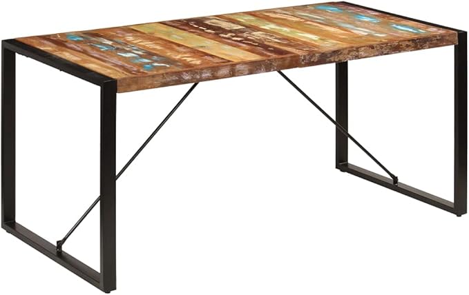 Reclaimed Wood Dining Table with Steel Legs Multicolored Grain Rectangular 63x31.5x29.5 Inch for Dining Room Kitchen Seats 6 Unique Sturdy Furniture