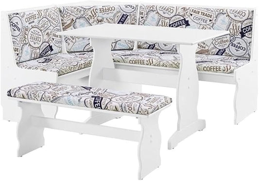 Riverbay Furniture Transitional Wood & Fabric Upholstered Corner Nook Dining Set with Table & Bench & Corner Unit, Some Assembly Required, Seats Up to 5 People, in White Finish