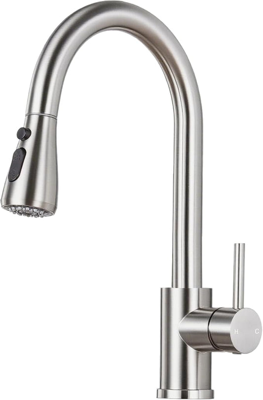 Kitchen Faucet with Pull Down Sprayer - Brushed Nickel Single Handle Kitchen Faucets, High Arc Stainless Steel Pull Out Kitchen Sink Faucet for RV Laundry Farmhouse Bar