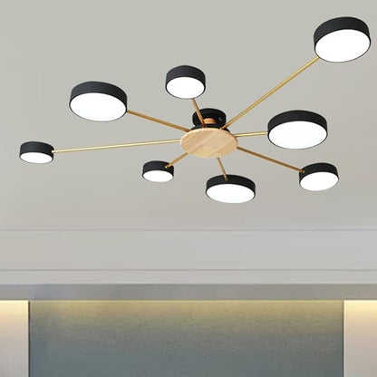 8-Lights LED Ceiling Light Fixture,48 Inch Modern Ceiling Lights Flush Mount Wooden 64W Dimmable Chandelier for Living Room Bedroom Kitchen,3000K/4000K/6000K Black