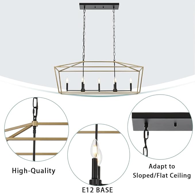 7-Light Farmhouse Lantern Island Chandelier, Black and Gold Rectangular Kitchen Island Light Fixture, Modern Dining Room Hanging Ceiling Light Over Table, E12 Candle Base