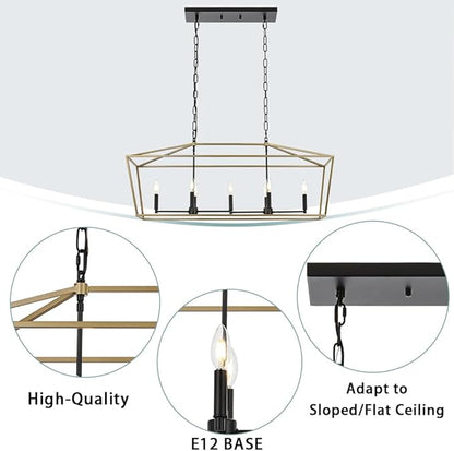 7-Light Farmhouse Lantern Island Chandelier, Black and Gold Rectangular Kitchen Island Light Fixture, Modern Dining Room Hanging Ceiling Light Over Table, E12 Candle Base