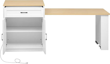 Modern Dining Table 82.7 Inch Kitchen Island with Extendable Table for 4-6 Person, Faux Marble Kitchen Table with, Power Outlet, Wood,White-Wood