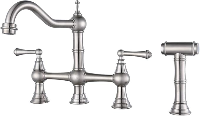 WOWOW 8 inch Centerset Bridge Kitchen Faucet with Brass Side Sprayer 2 Handles 4 Holes Antique Classic Heritage Deck-Mount Kitchen Sink Faucet, Brushed Nickel