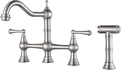 WOWOW 8 inch Centerset Bridge Kitchen Faucet with Brass Side Sprayer 2 Handles 4 Holes Antique Classic Heritage Deck-Mount Kitchen Sink Faucet, Brushed Nickel