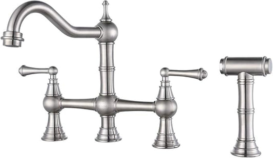 WOWOW 8 inch Centerset Bridge Kitchen Faucet with Brass Side Sprayer 2 Handles 4 Holes Antique Classic Heritage Deck-Mount Kitchen Sink Faucet, Brushed Nickel