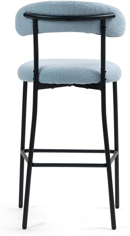 26" Counter Height Bar Stools - Teddy Fabric Upholstered Kitchen Island Stools with Black Powder-Coated Metal Base & Integrated Footrest, Modern Farmhouse Style(Blue)