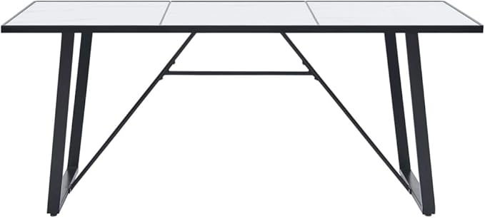 Modern Rectangular Dining Table White Tempered Glass Top, Black Powder-Coated Steel Legs, Spacious Kitchen Furniture for 6 People