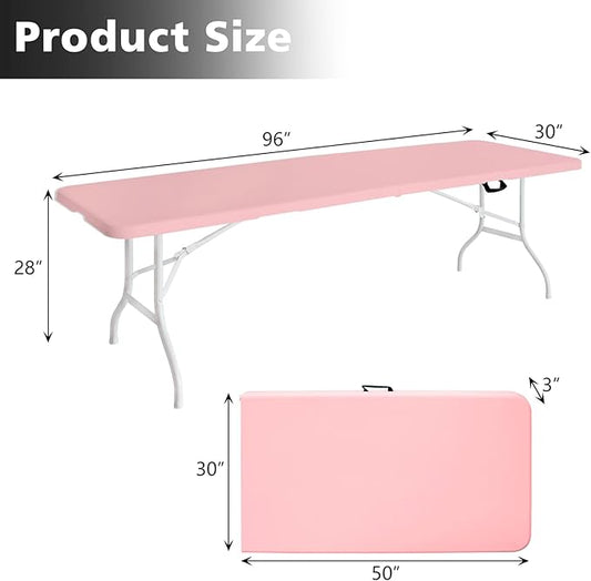 Portable 8Ft Plastic Folding Table, Heavy Duty 8ft Fold-in-Half Table with Carrying Handle, 8' Folding Utility Foldable Table for Picnic Party Camping Kitchen, Indoor/Outdoor (Pink)