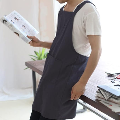 NEWGEM Japanese Cotton Linen Cross Back Cooking Apron for Women Men with Pockets Cute for Baking Kitchen