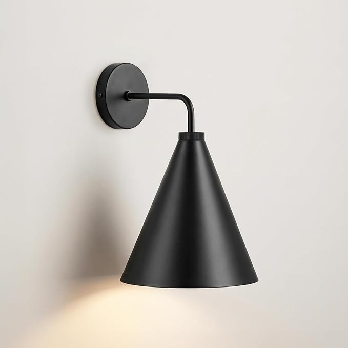 Vintage Modern Metal Conical Wall Sconce - Retro Black Wall Lamp, Decorative Inspired Cone Wall Mount Lighting Fixture for Bedroom, Living Room, Hallway(9.8“L x 9.8" W x 12.5" H Black)