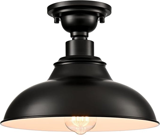 SAMTEEN 12-Inch Farmhouse Semi Flush Mount Ceiling Light Black 1-Light Industrial Barn Ceiling Light Matte Black Hallway Light Fixtures Ceiling for Bedroom Kitchen Foyer Loft